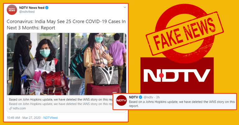 NDTV Carries Article Saying India Will Have 25 Crore Cases, Deletes After Realizing It’s A WhatsApp Forward