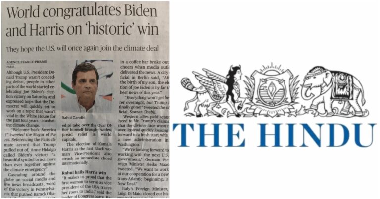 The Hindu Uses Rahul Gandhi’s Picture In Article About World Leaders Congratulating Joe Biden