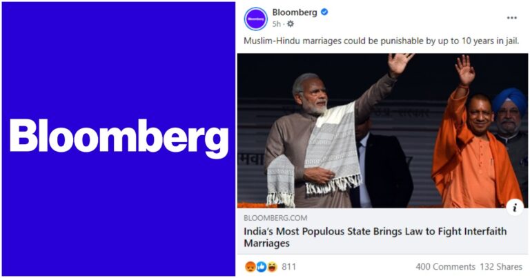Bloomberg Runs Completely Misleading Headline On Facebook For Article On UP’s Love Jihad Law