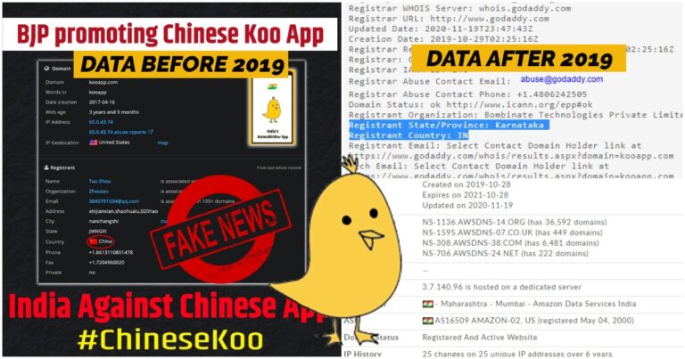 Congress Accounts Trend Old Data From 2019 To Show Koo App’s Domain Is Registered In China, Latest Data Shows Domain Is Registered In Karnataka, India